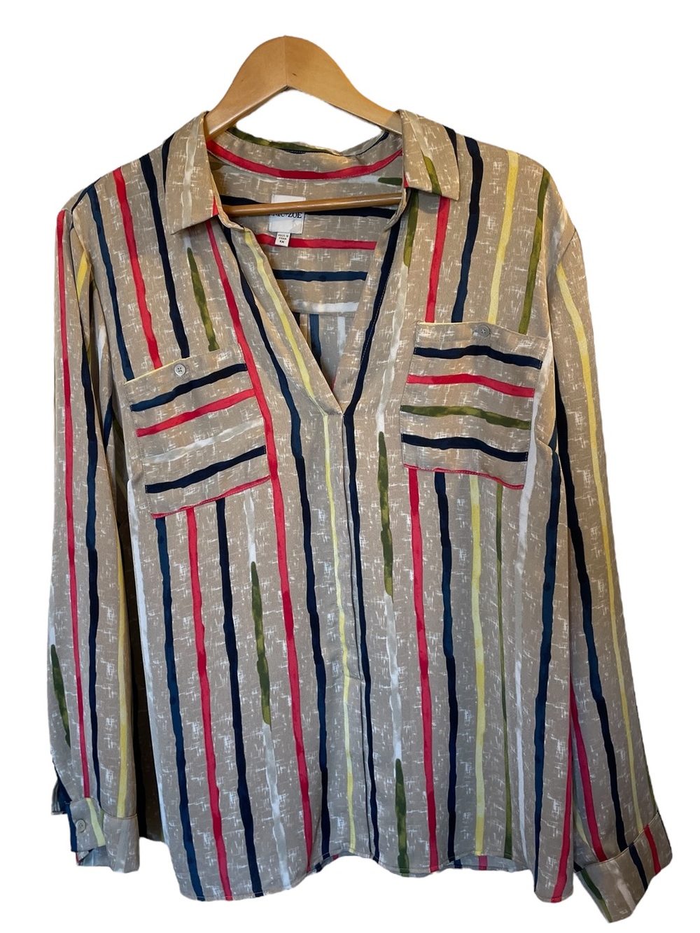NIC+ZOE Tan & Navy Blue Striped Pullover Collared V-Neck Blouse Top - Size 1X